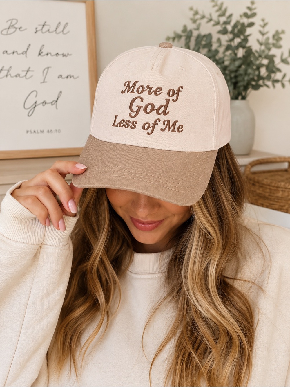 Zenana Embroidered 'More of God Less of Me' Baseball Cap - Cream & Ash Mocha
